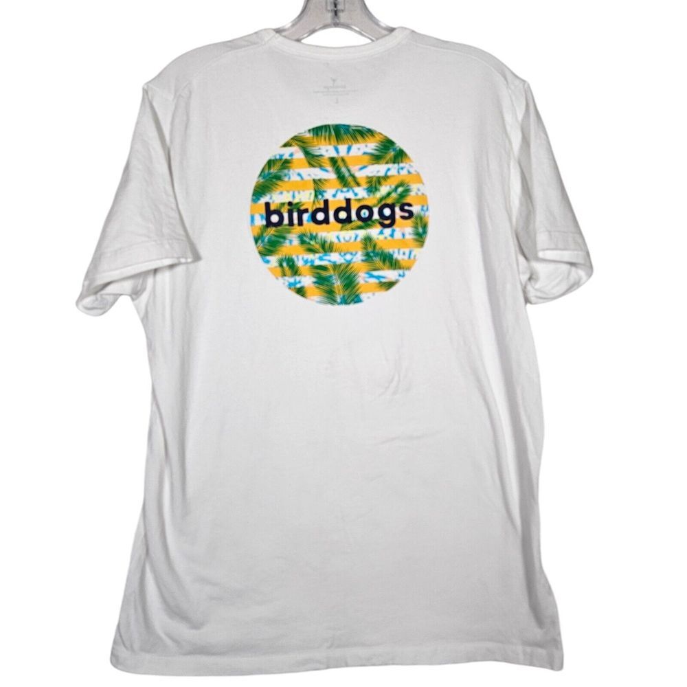 Birddogs Mens T Shirt White Crewneck Yellow Tropical Graphic Cotton Stretch Sz L